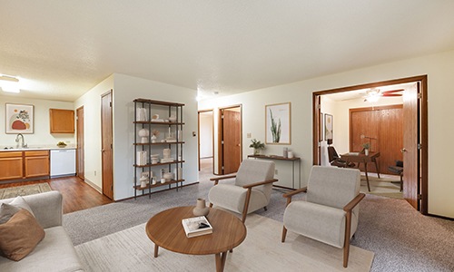 living room with chairs and bookshelves